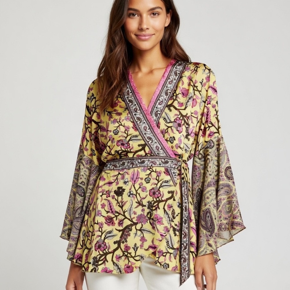 Pahiesa Formentera Silk Kimono Wrap Flutter Sleeves Top M/L